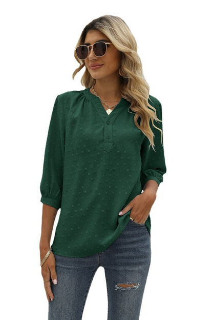 Swiss Dot Notched Neck Three-Quarter Sleeve Blouse