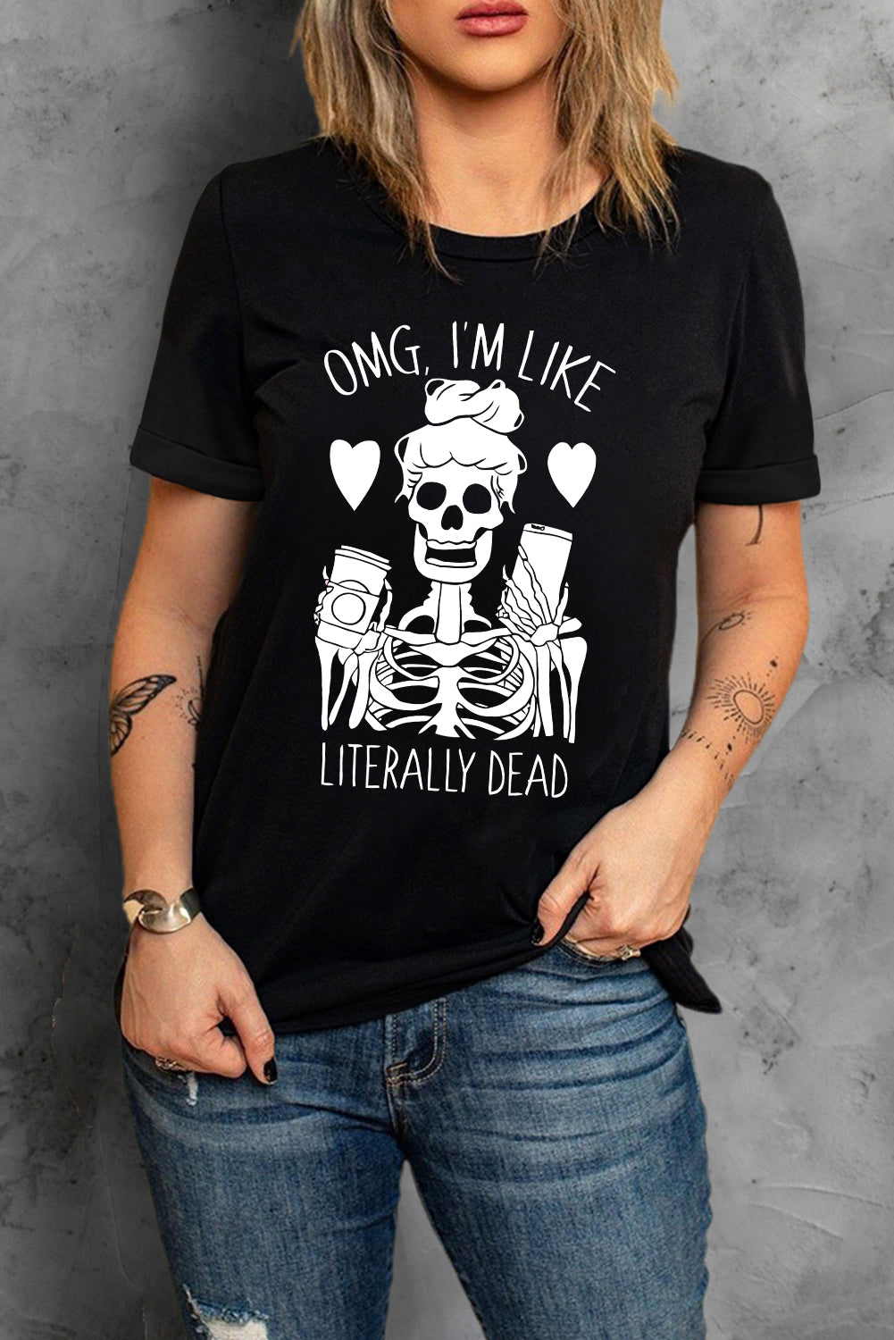 Halloween Skeleton Graphic Round Neck Tee