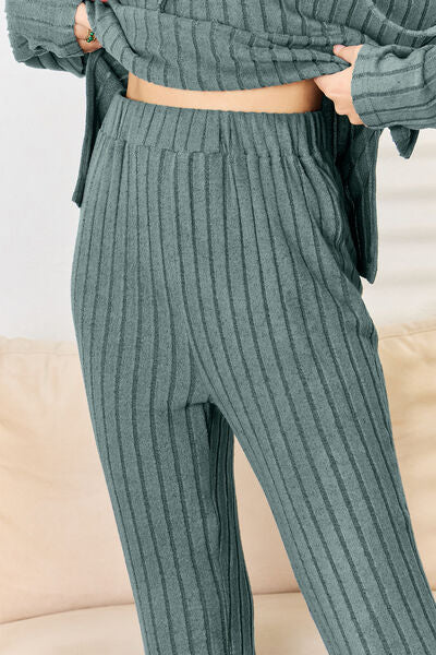 Basic Bae Full Size Ribbed Drawstring Hood Top and Straight Pants Set