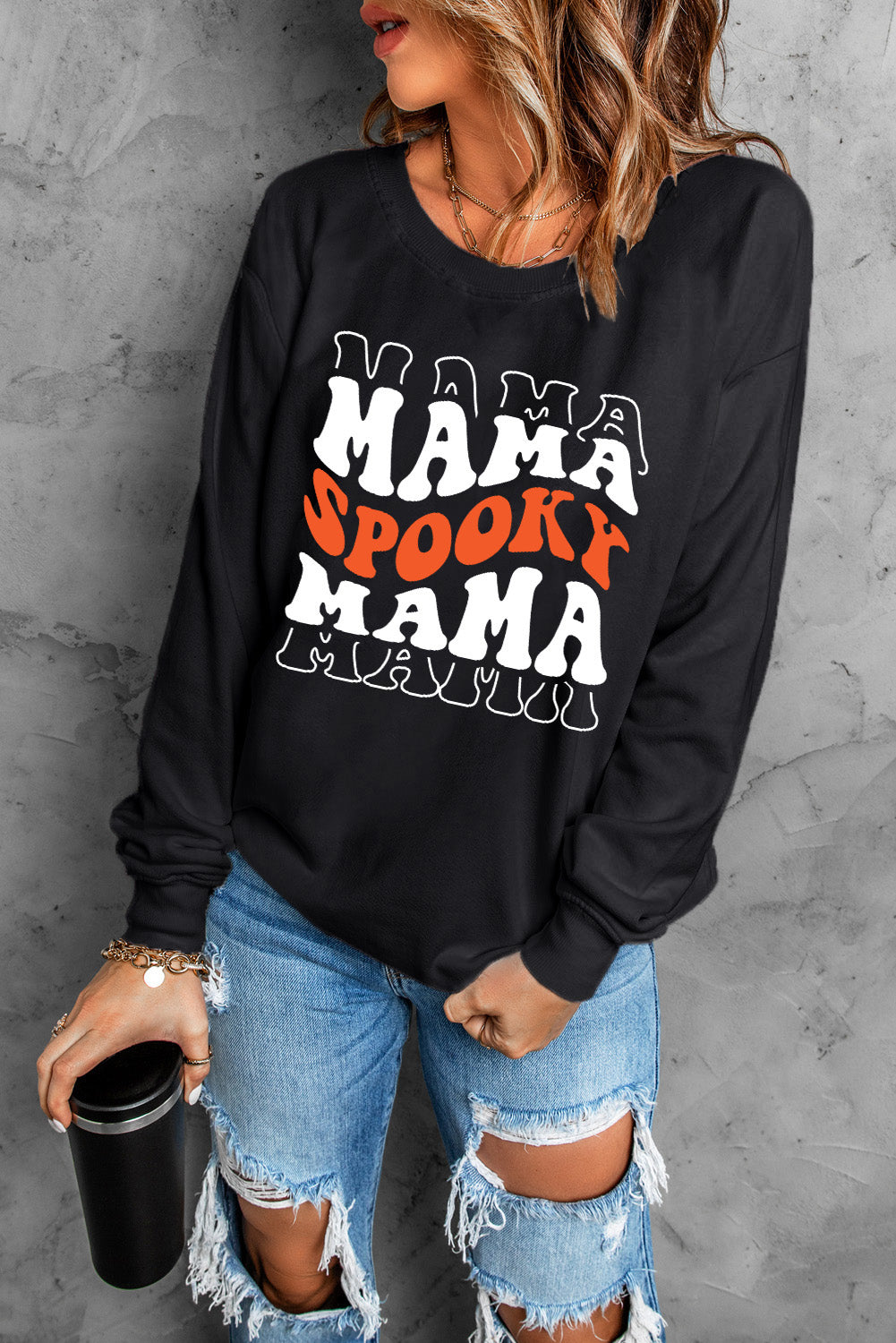 Round Neck Long Sleeve SPOOKY MAMA Sweatshirt