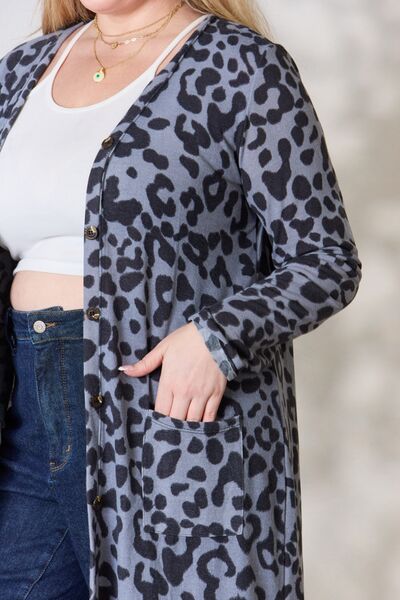Celeste Full Size Button Up Animal Print Cardigan