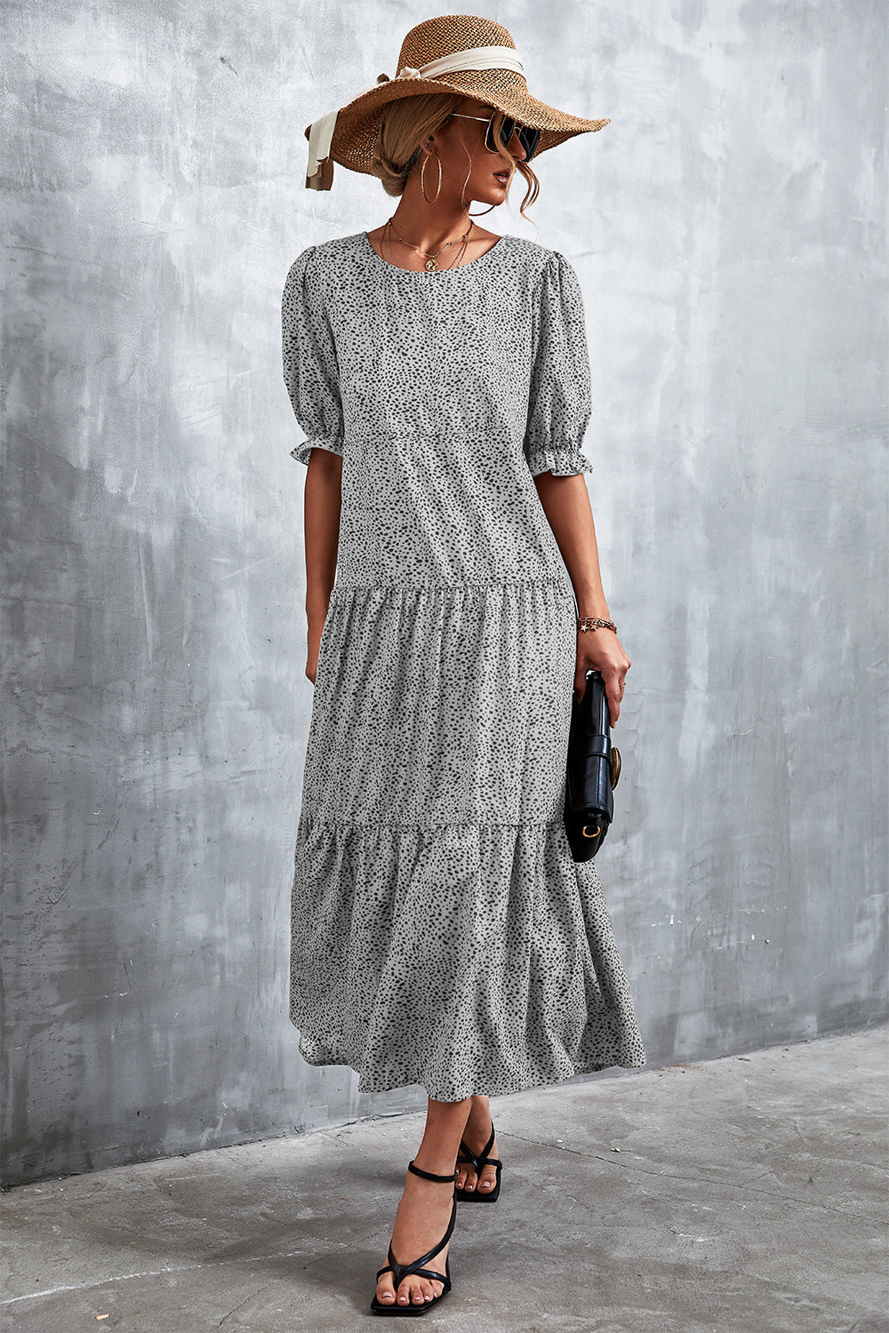 coach maxi dress Printed Flounce Sleeve Tiered Dress Light Gray / L