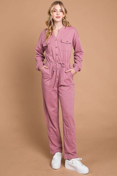 Culture Code Full Size Button Up Drawstring Waist Straight Jumpsuit