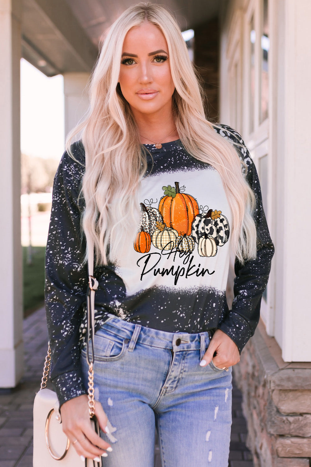 Round Neck Long Sleeve Pumpkin Graphic T-Shirt