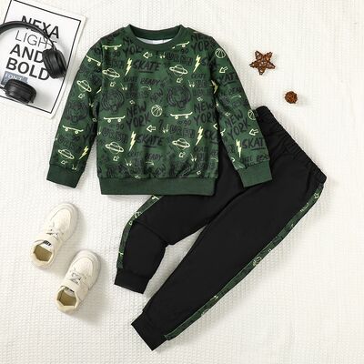 Letter Print Round Neck Top and Pants Set