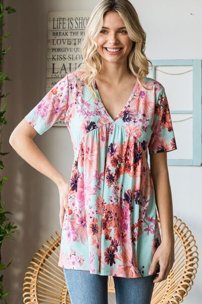 Heimish Full Size Floral V-Neck Short Sleeve Babydoll Blouse