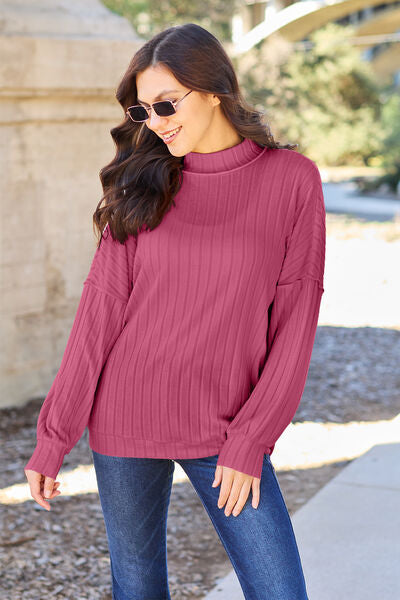 Basic Bae Full Size Ribbed Exposed Seam Mock Neck Knit Top