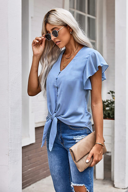 V-Neck Tie Hem Flutter Sleeve Blouse