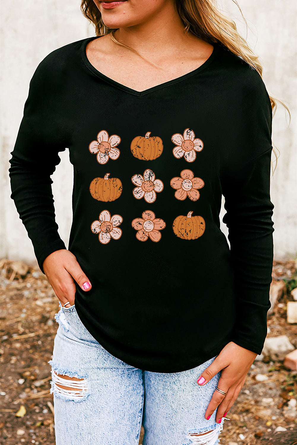 V-Neck Short Sleeve Pumpkin & Flower Graphic T-Shirt