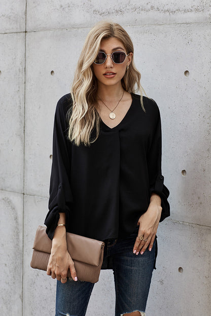 V-Neck Roll-Tab Sleeve Blouse