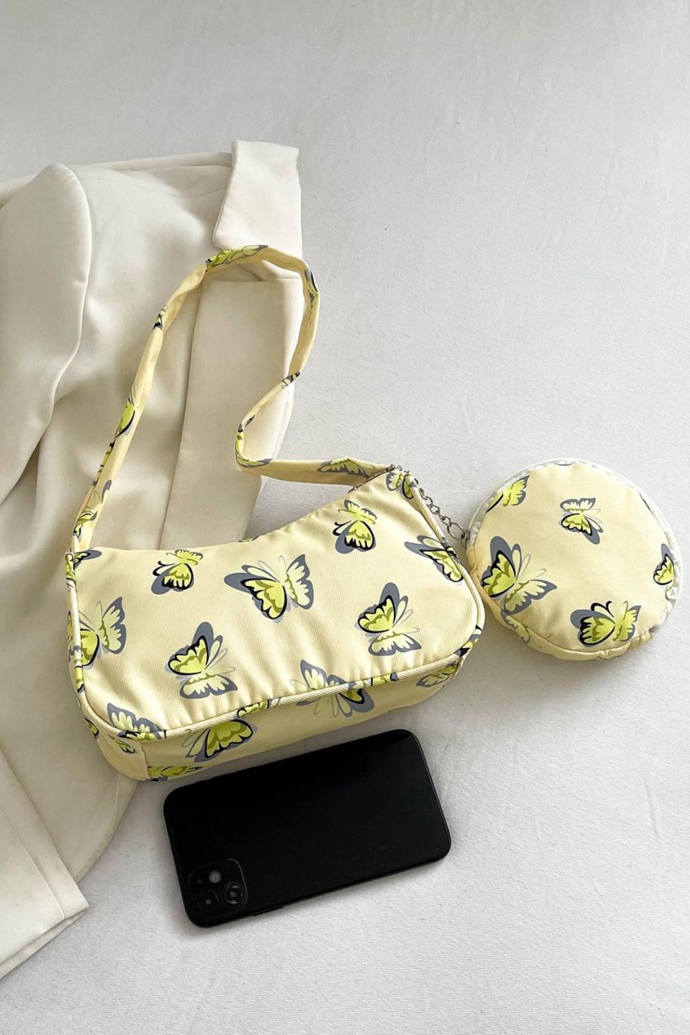 Butterfly Print Shoulder Bag with Purse