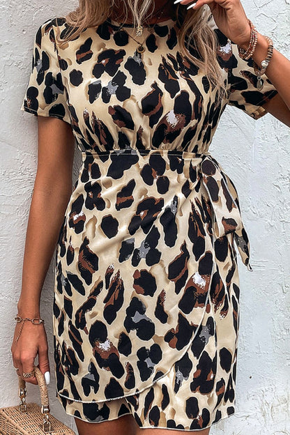 Animal Print Belted Keyhole Round Neck Dress