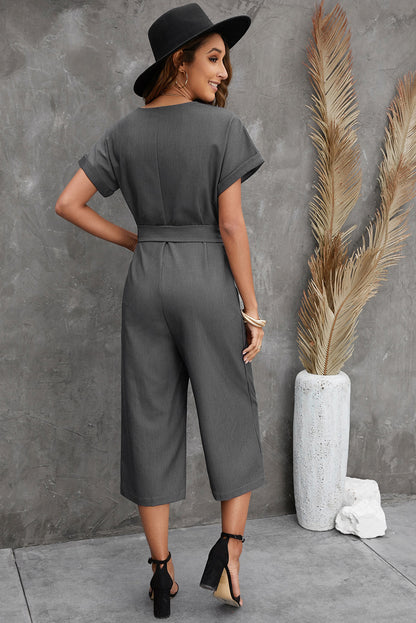 Button Front Belted Cropped Jumpsuit with Pockets