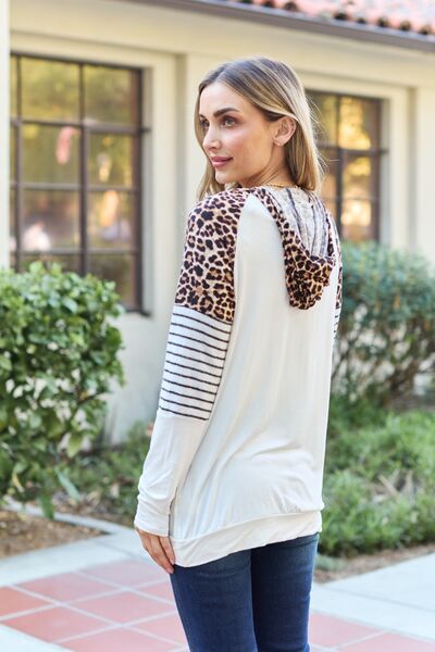 Celeste Design Full Size Leopard Contrast Drawstring Hoodie