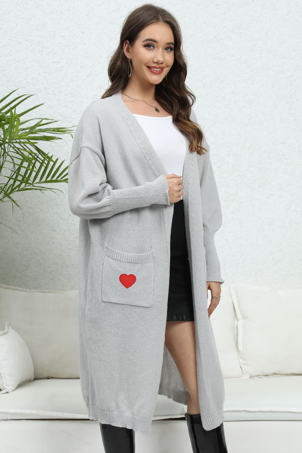 Lantern Sleeve Open Front Pocketed Cardigan