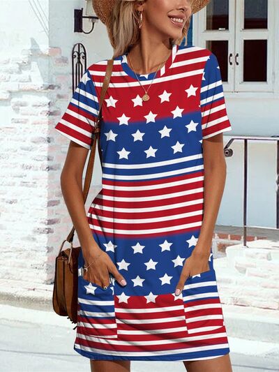 Pocketed US Flag Printed Short Sleeve Dress